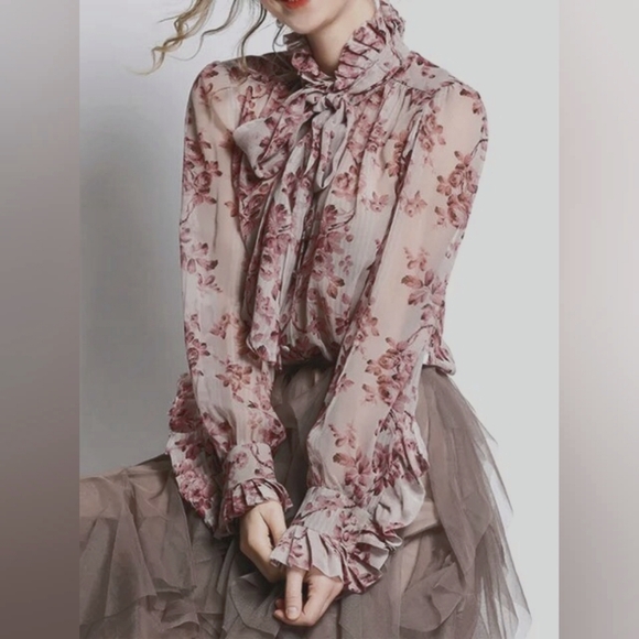 Beulah Tops - Beulah High Neck Tie Floral Blouse